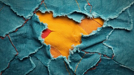 Torn denim fabric with vibrant patch underneath showcasing textile art design