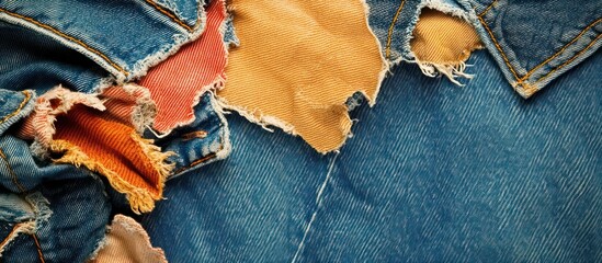 Close-Up View of Colorful Torn Denim Fabric with Frayed Edges and Textures