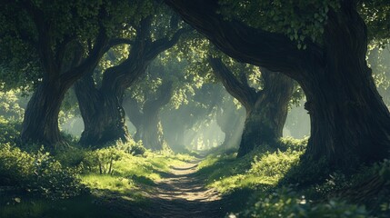 secluded trail shaded by ancient trees, their branches reaching overhead like a natural cathedral.