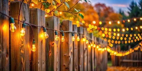 Colorful garland with yellow string lights draped over a wooden fence at dusk