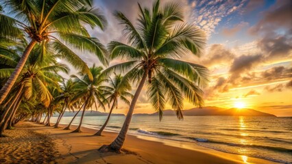 Fototapeta premium Soft golden light illuminates palm trees swaying gently in ocean breeze at Sunrise at Palm Cove, golden light, ocean