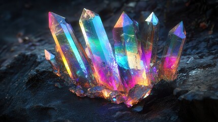 crystalline holographic foil, where broken shards reflect brilliant rainbow hues, capturing a digital-fantasy aesthetic