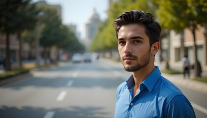 Obraz premium Urban Serenity: A Man's Reflection Amidst City Life