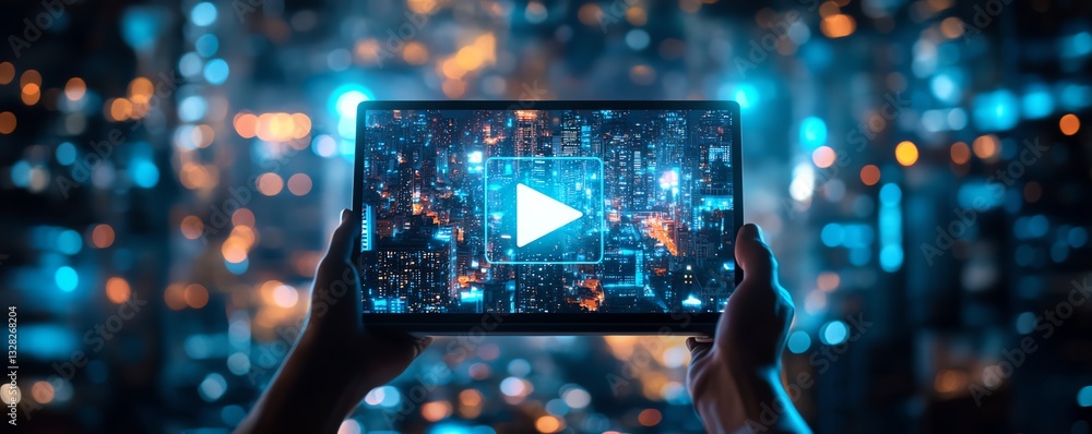 Poster hand holding laptop with streaming play button icon hologram in front of a cityscape background, dig