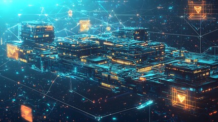 Decentralized finance DeFi ecosystem visualized as a futuristic floating city in cyberspace