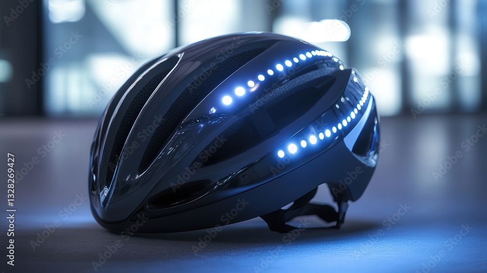 Poster smart bike helmet prototype with built-in communication systems and led indicators for safe riding.