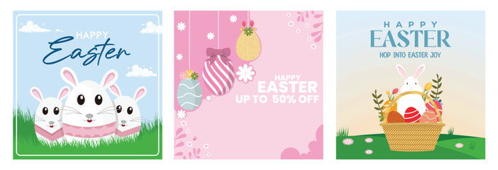 A cheerful Easter celebration featuring cute bunnies, sales posters, and colorful eggs.