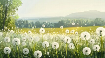 Obraz premium meadow filled with dandelions, capturing the moment when their seeds float away on a gentle breeze