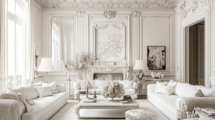 3D Parisian-chic living room with elegant white decor,
