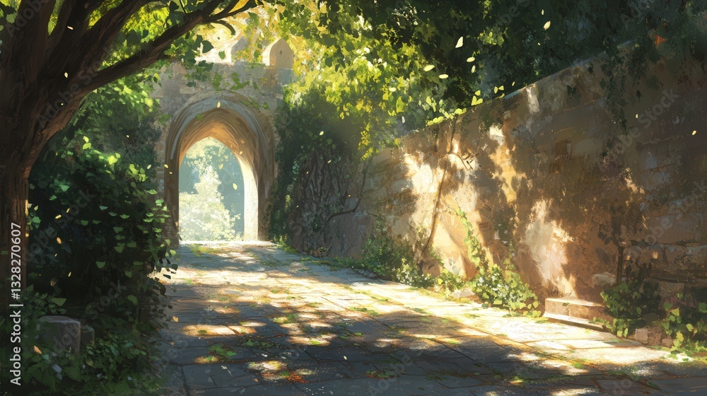 Poster sun-dappled path where leaves rustle gently overhead, with the occasional chirp of a bird in the dis