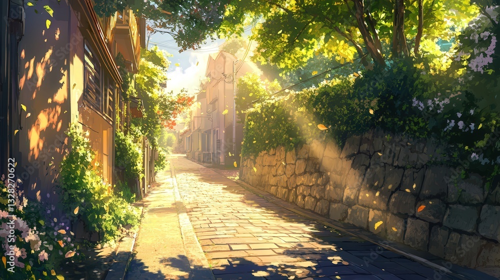 Poster sun-dappled path where leaves rustle gently overhead, with the occasional chirp of a bird in the dis