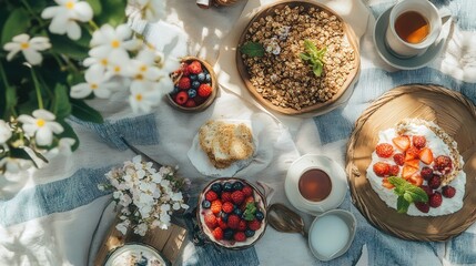 fresh spring breakfast spread on a picnic blanket, with freshly picked berries, homemade granola, and chilled mint tea
