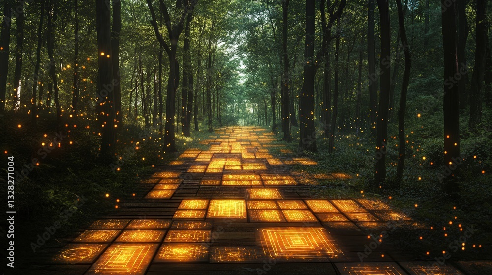 Poster forest where fireflies create shifting patterns of glowing symbols