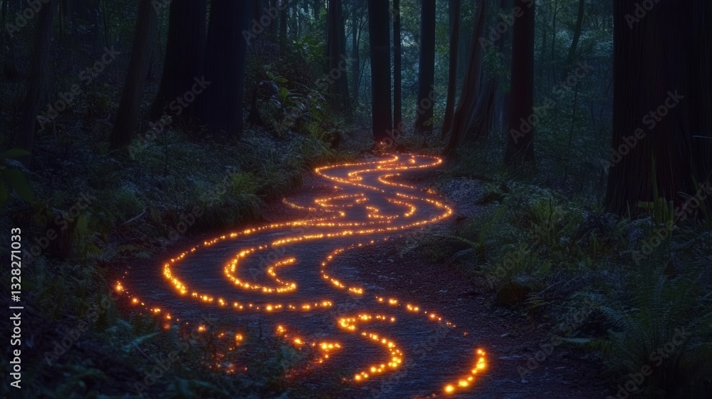 Poster forest where fireflies create shifting patterns of glowing symbols