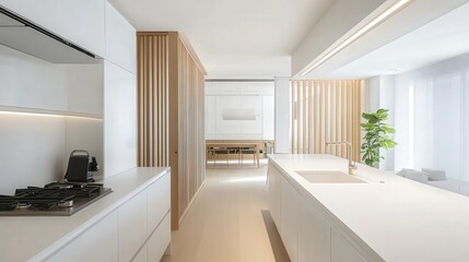 minimalist kitchen with white counters and a folding screen beside a white wall.