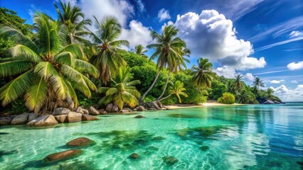 Obraz premium Tropical paradise with crystal clear turquoise water surrounded by swaying palm trees and vibrant greenery in the lush Seychelles archipelago, palm tree, Seychelles