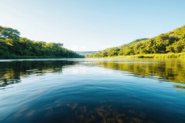 Obraz premium serene river flowing gently through green landscape under clear blue sky inviting tranquility and reflection