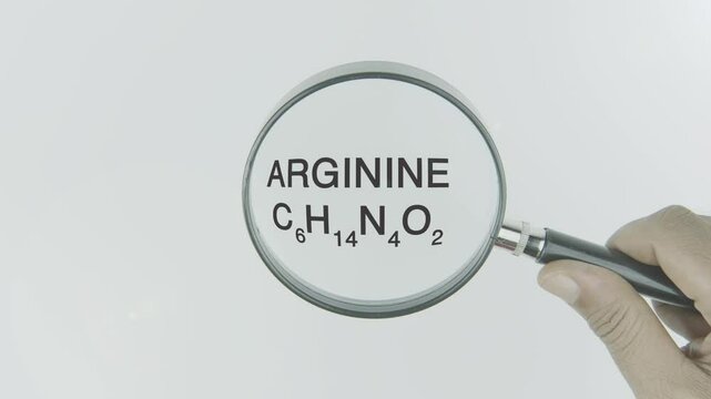 Arginine text highlighted by a magnifying glass in a hand on a white background, symbolizing focus on amino acid, health benefits, and nitric oxide production