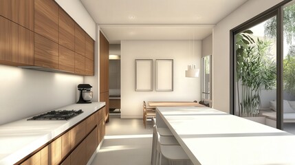 kitchen with white counters and a folding screen near a white wall.