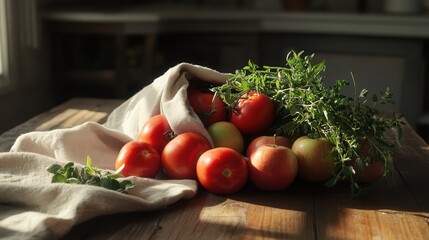 grocery shopping moment with a cloth bag full of fresh tomatoes, apples, and herbs placed on a wooden kitchen table