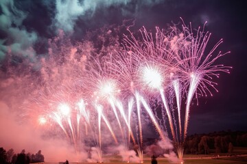 splendid fireworks explode against night sky casting vibrant colors across darkness offering awe-inspiring visual spectacle