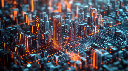 3D cityscape with skyscrapers shaped like financial graphs and business icons 