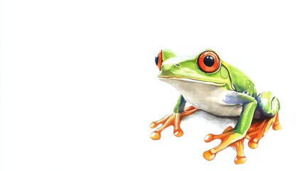 Obraz premium Bright green frog sitting against a white background showcasing its unique features and texture