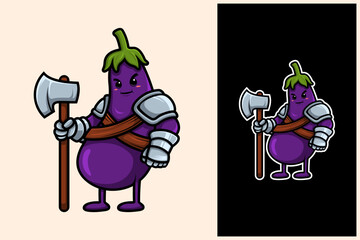 Cute Cartoon Eggplant Warrior with Axe and Armor