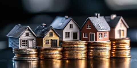 Miniature houses placed on stacks of golden coins representing real estate investment, housing market trends and financial growth concept