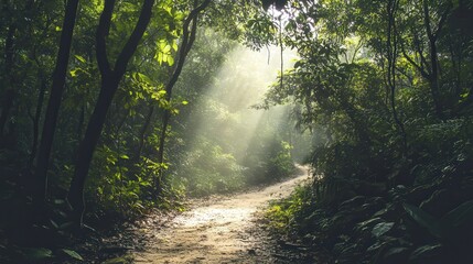 Obraz premium nature trail that winds through a dense rain tree forest, with sunlight peeking through the canopy and birds singing from high branches