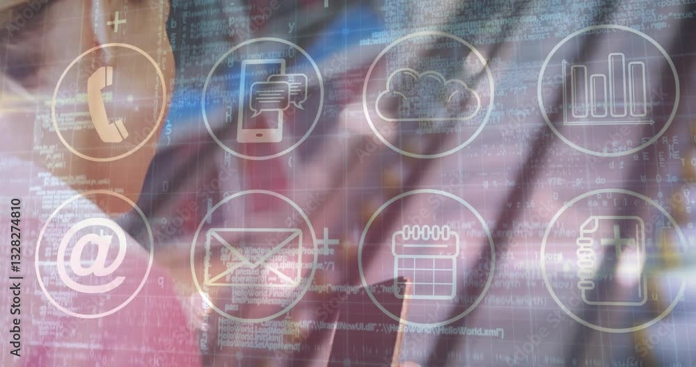 Poster in school, animation of digital communication icons overlaying coding and data elements