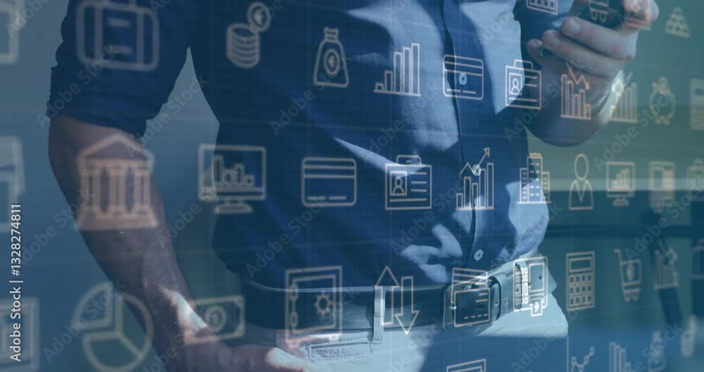 Aufkleber using smartphone, businessman viewing financial data with animation icons overlay