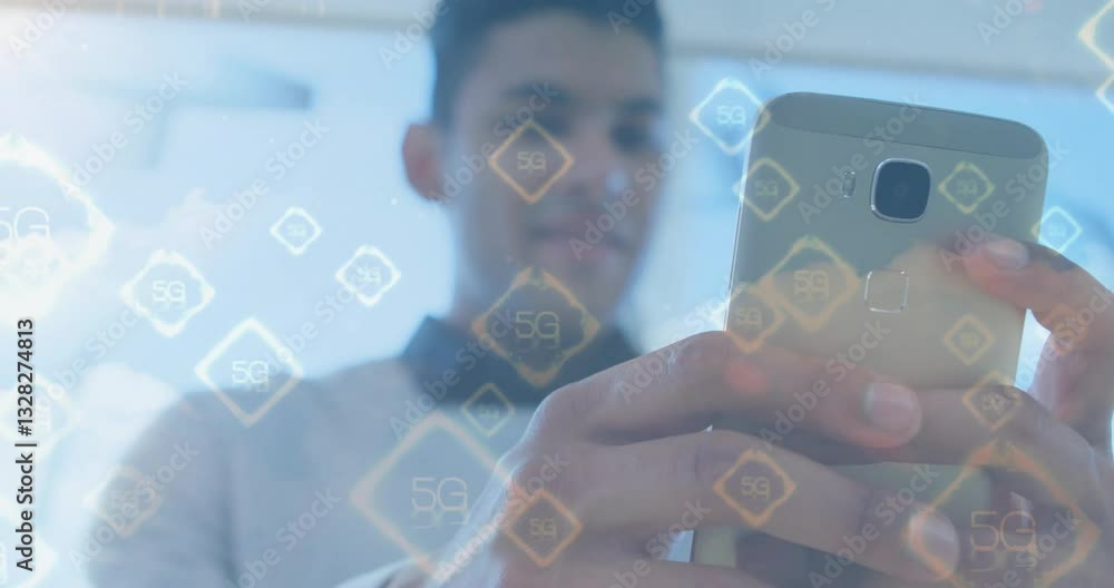 Poster using smartphone, person interacting with 5g technology animation in foreground
