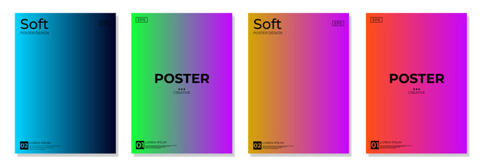 Modern gradient poster background vector set. Minimalist cover template with vibrant perspective geometric prism shapes in motion. Ideal design for ad, cover, web, social media, cover, banner