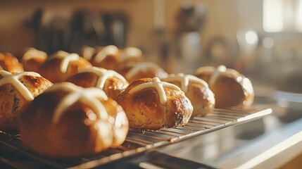 A close-up of freshly baked hot cross buns cooling on a wire rack in a warm kitchen digital