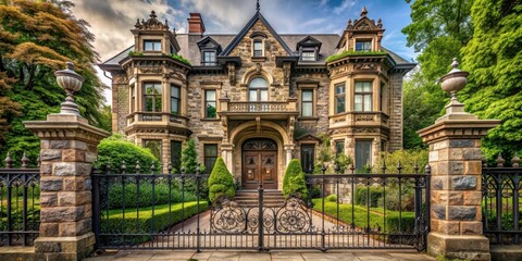A beautifully restored Victorian-era facade with ornate woodwork and intricate stonework, set against a backdrop of lush greenery and modern metal gates, modern comfort, architecture