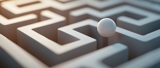 Moving mindset concept. White sphere navigating a complex maze structure.