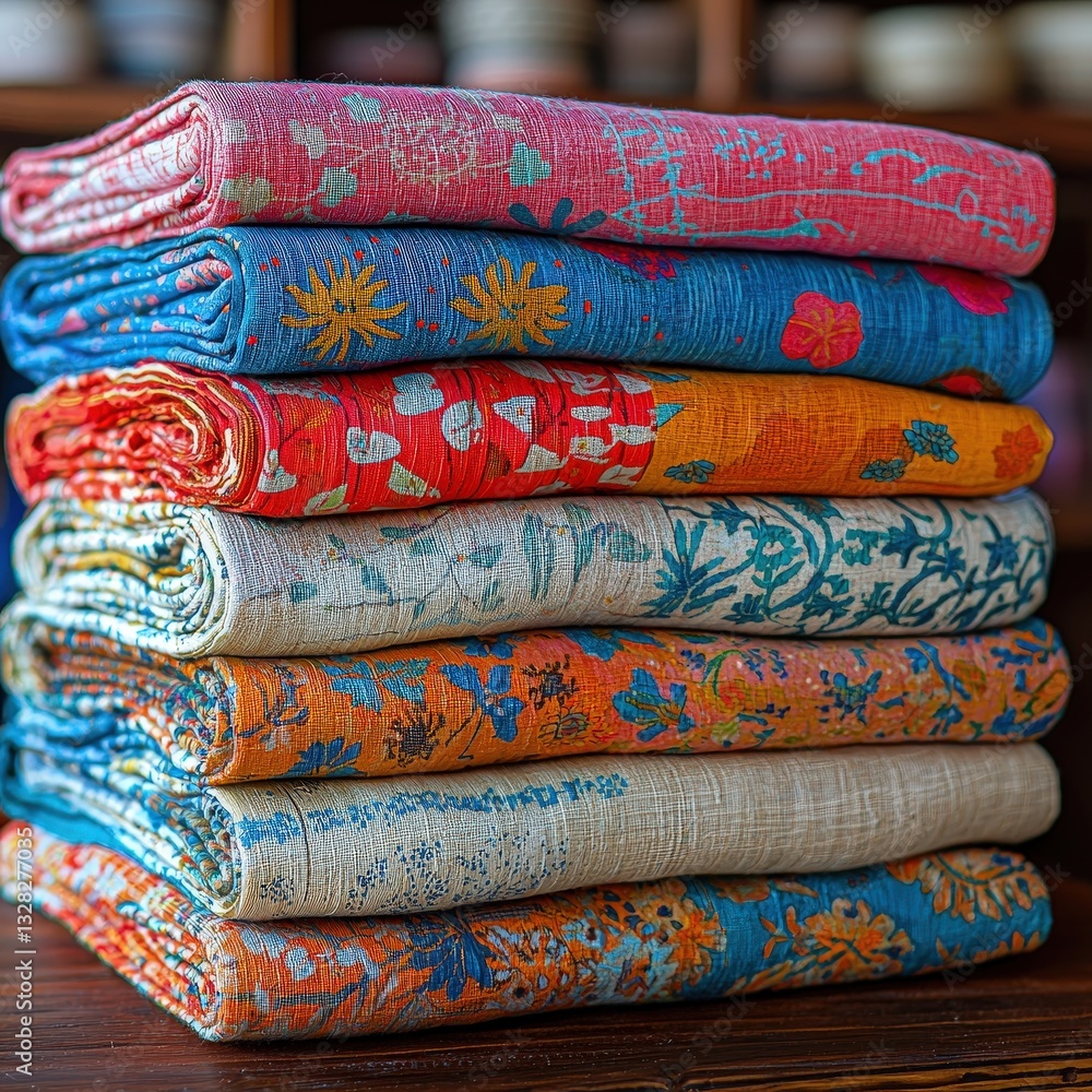 Poster a stack of colorfully printed fabric showcasing various patterns and textures for creative use