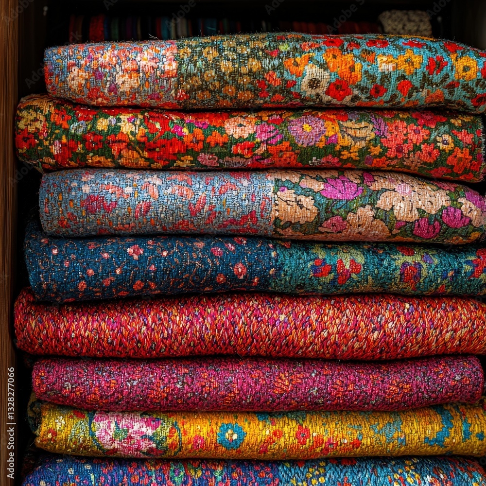 Poster a neatly arranged stack of colorful fabrics displaying a fusion of patterns and vibrant hues