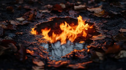surreal reflection of flames in a puddle among burning leaves.