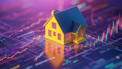 Miniature yellow house model on digital graph background representing real estate investment and market analysis in vibrant colors and financial data visualization