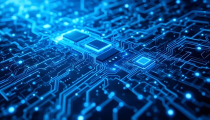 Futuristic Circuit Nexus
 A high-tech circuit board background featuring an intricate web of glowing blue pathways, microchips, and electronic components interconnected in a seamless digital 