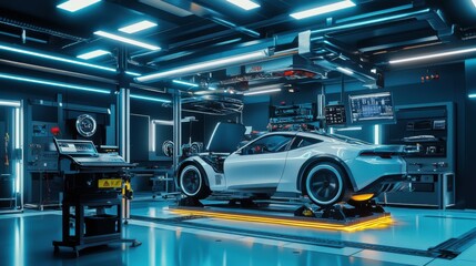 Fototapeta premium 3D robotic auto repair workshop, AI-driven diagnostics,