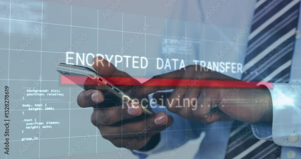 Poster using smartphone, businessperson receiving encrypted data transfer animation in office