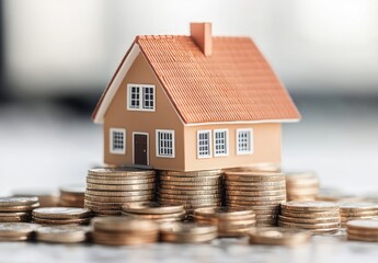 Model house on piles of coins representing real estate investment and financial growth in a modern economic environment showcasing home ownership and savings
