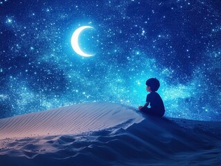 Obraz premium Young Boy Gazing at Starry Night Sky Crescent Moon Desert Sand Dune