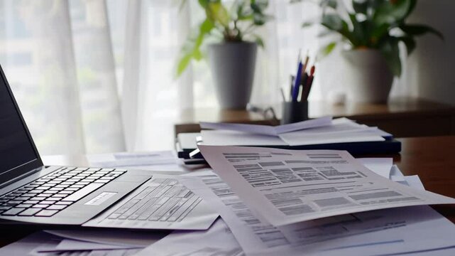 Disorganized Home Office Desk Overwhelmed with Documents and Laptop Close Up Footage