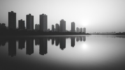 City skyline reflected in tranquil lake at dawn (1)