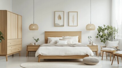 Fototapeta premium 3D Scandinavian-style bedroom with pastel colors,