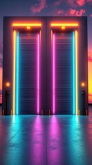 Glowing futuristic doors with neon lights against a sunset sky